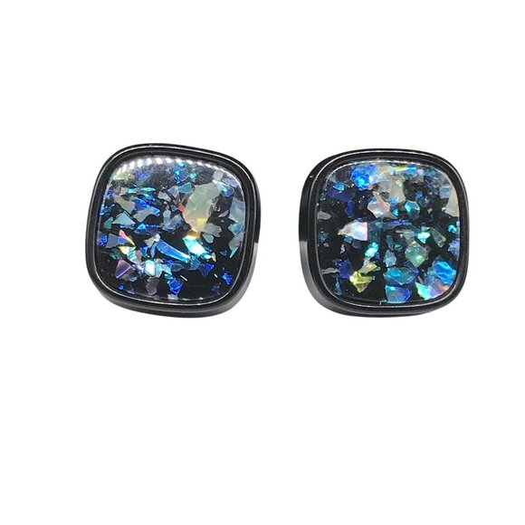 Vintage Black Confetti Lucite Earrings, Square Clip On with Abalone Flakes - Picture 1 of 5